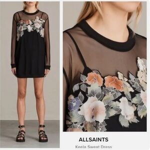 All Saints Keela Sweat Dress Black Sheer Floral Appliqué Size S Feminine Boho